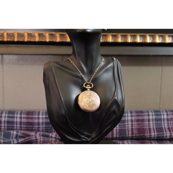 Vissun Pocket Watch Pendant Necklace Rhinestones Scrollwork WORKS main image 12